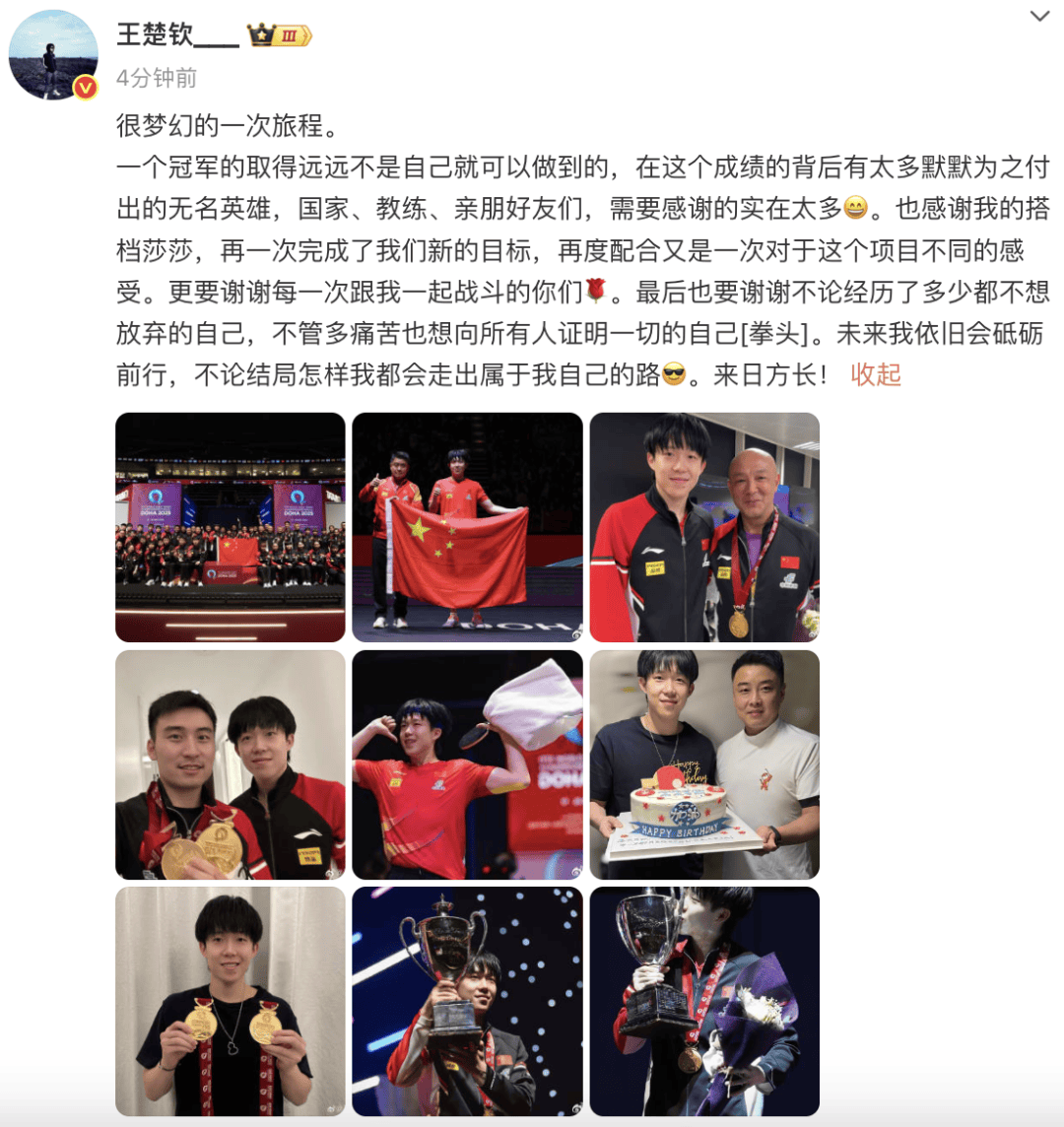 王楚钦发文：感谢莎莎，谢谢不管多痛苦也想证明一切的自己