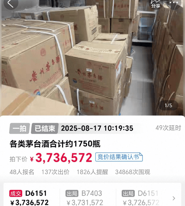 1750瓶茅台被法拍：与涉黑案有关，其中一名所有人已被执行死刑